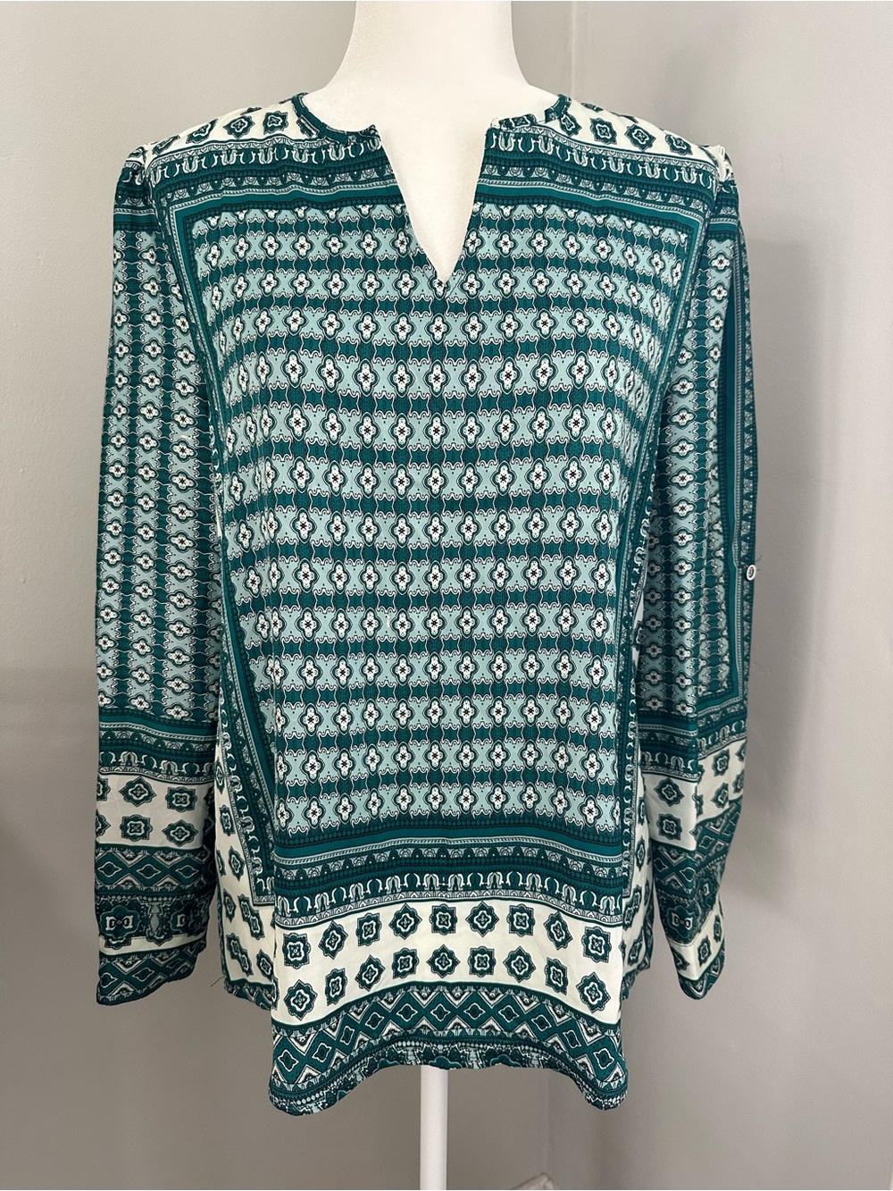 Women's Miami Blouse, Green/White, Ethnic, Boho, Bohemian, Flowy, S